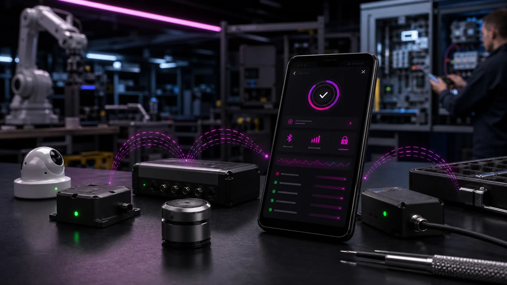 Enterprise BLE mobile diagnostics connected to nearby hardware devices