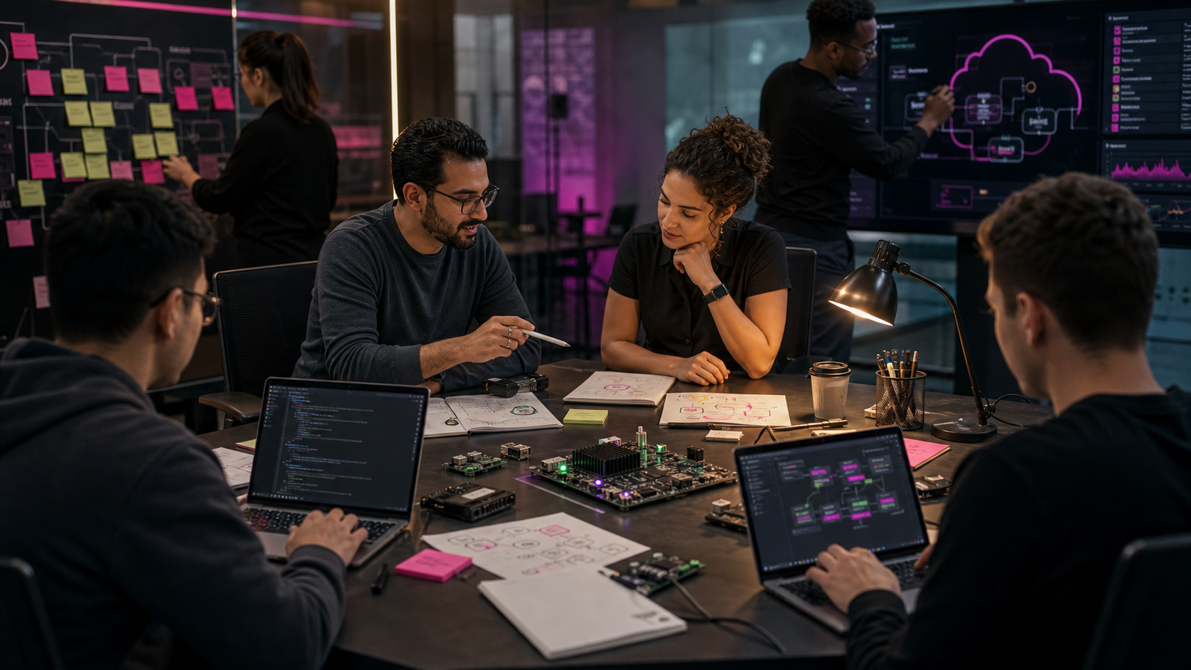 Engineering team collaborating across hardware firmware and software