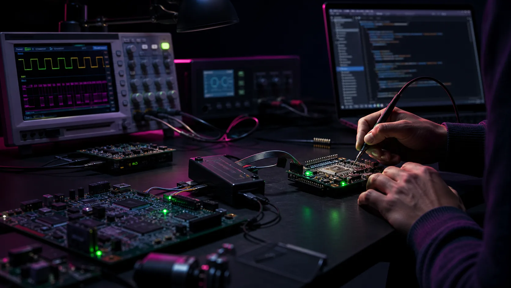Electronics design bench with a printed circuit board, oscilloscope and test instruments