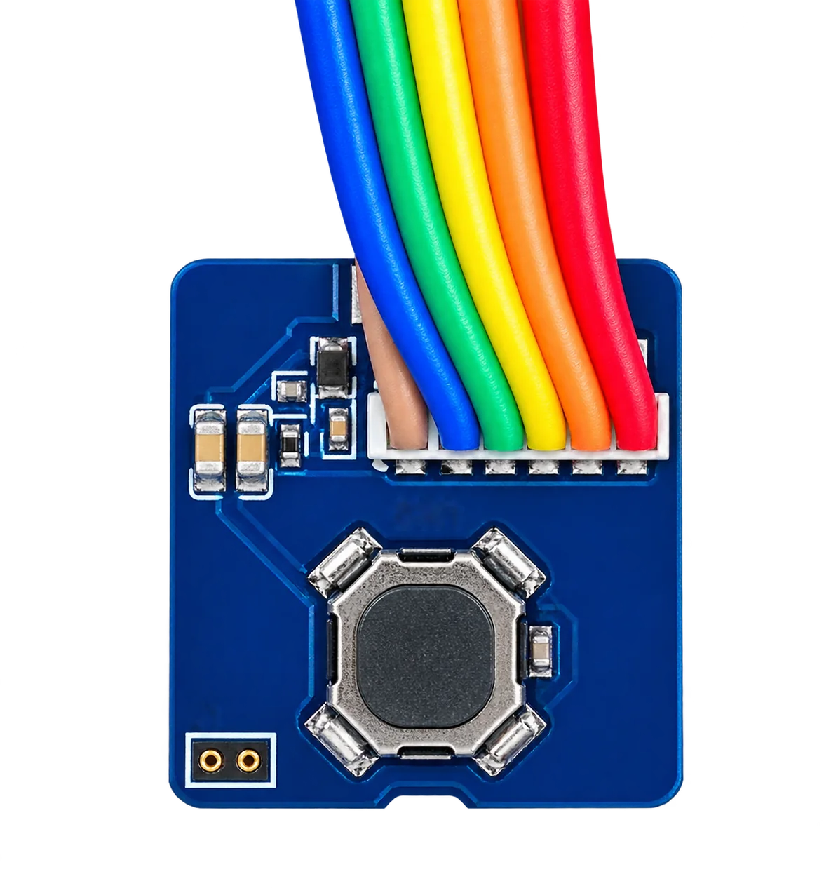 The remote's circuit board: a single dome switch and its wiring harness.