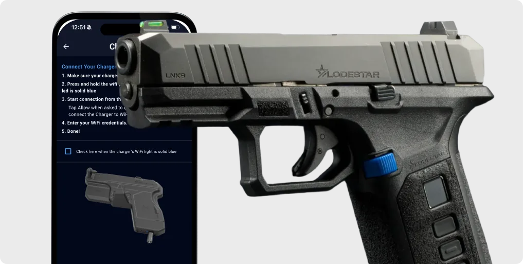 The LodeStar firearm beside the companion app.