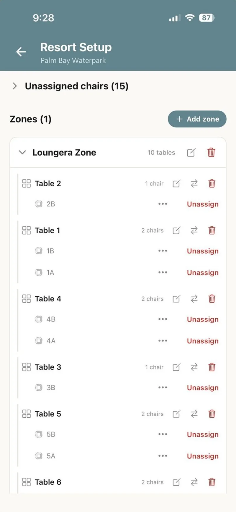 Loungera Kiosk app — resort setup with zones, tables and chair assignments.