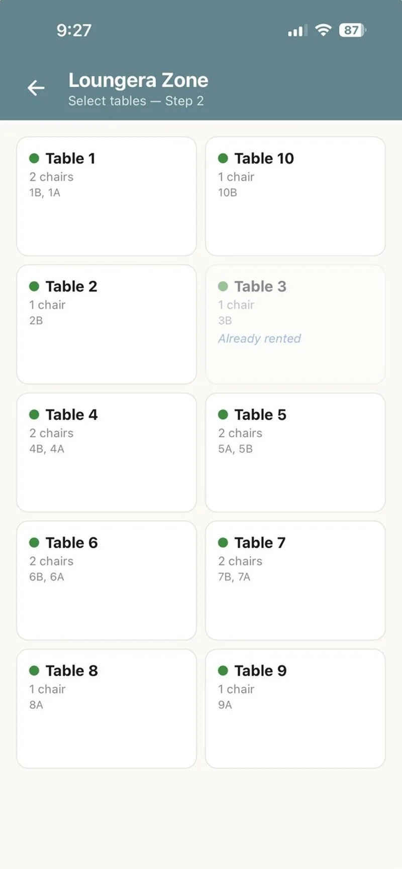 Loungera Kiosk app — choosing tables in a zone, each showing its chairs and availability.