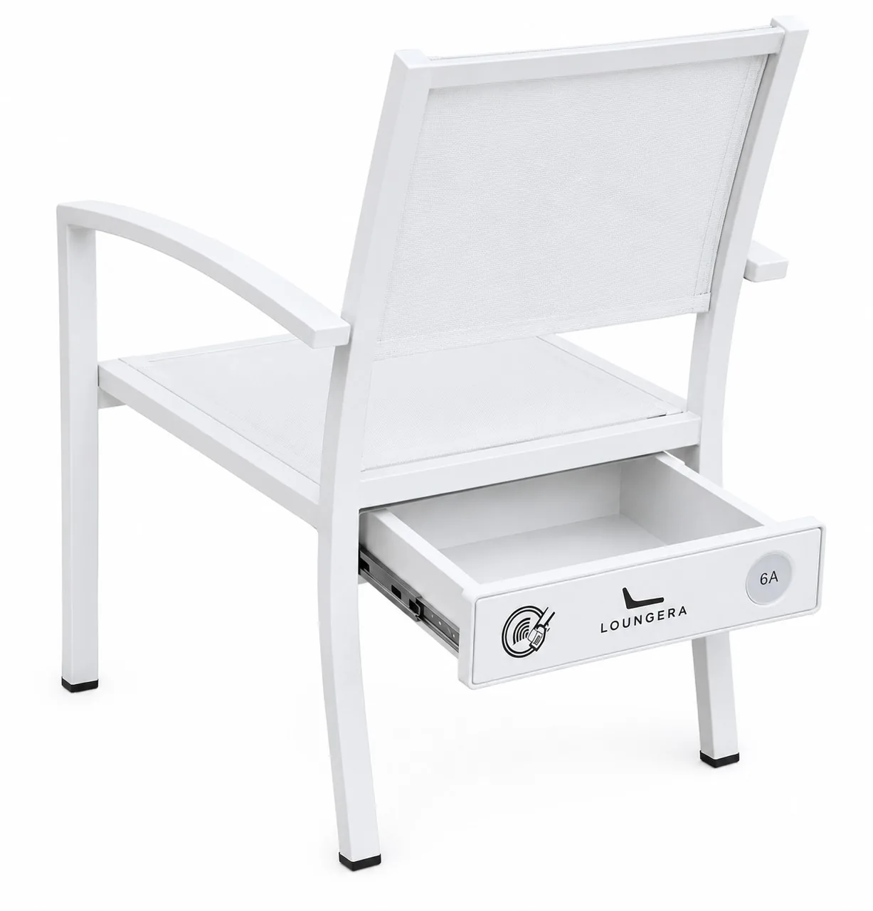 A Loungera chair from behind with its under-seat drawer open, showing the tap-to-unlock panel and chair label.