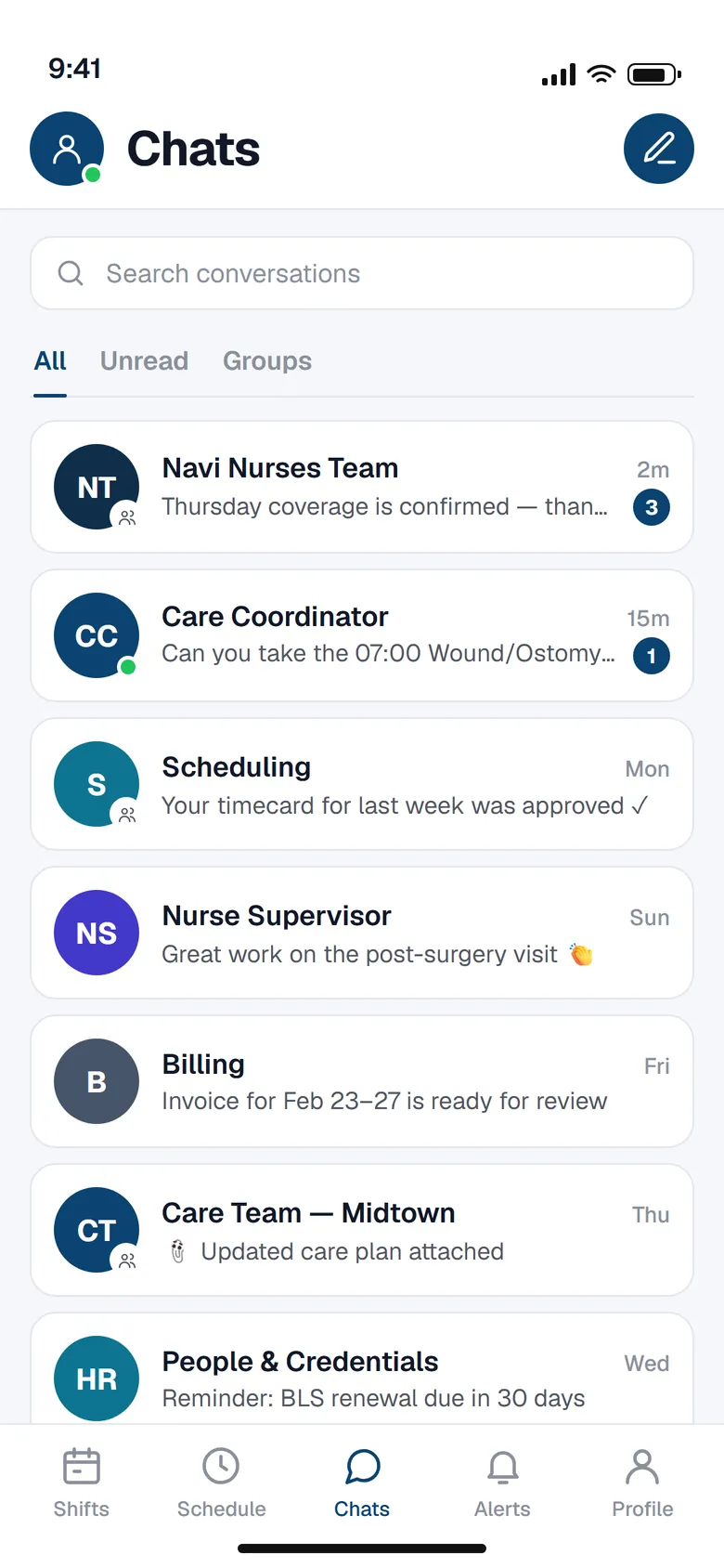Navi Nurses mobile app — chat list with team, coordinator and group conversations, unread counts and online status