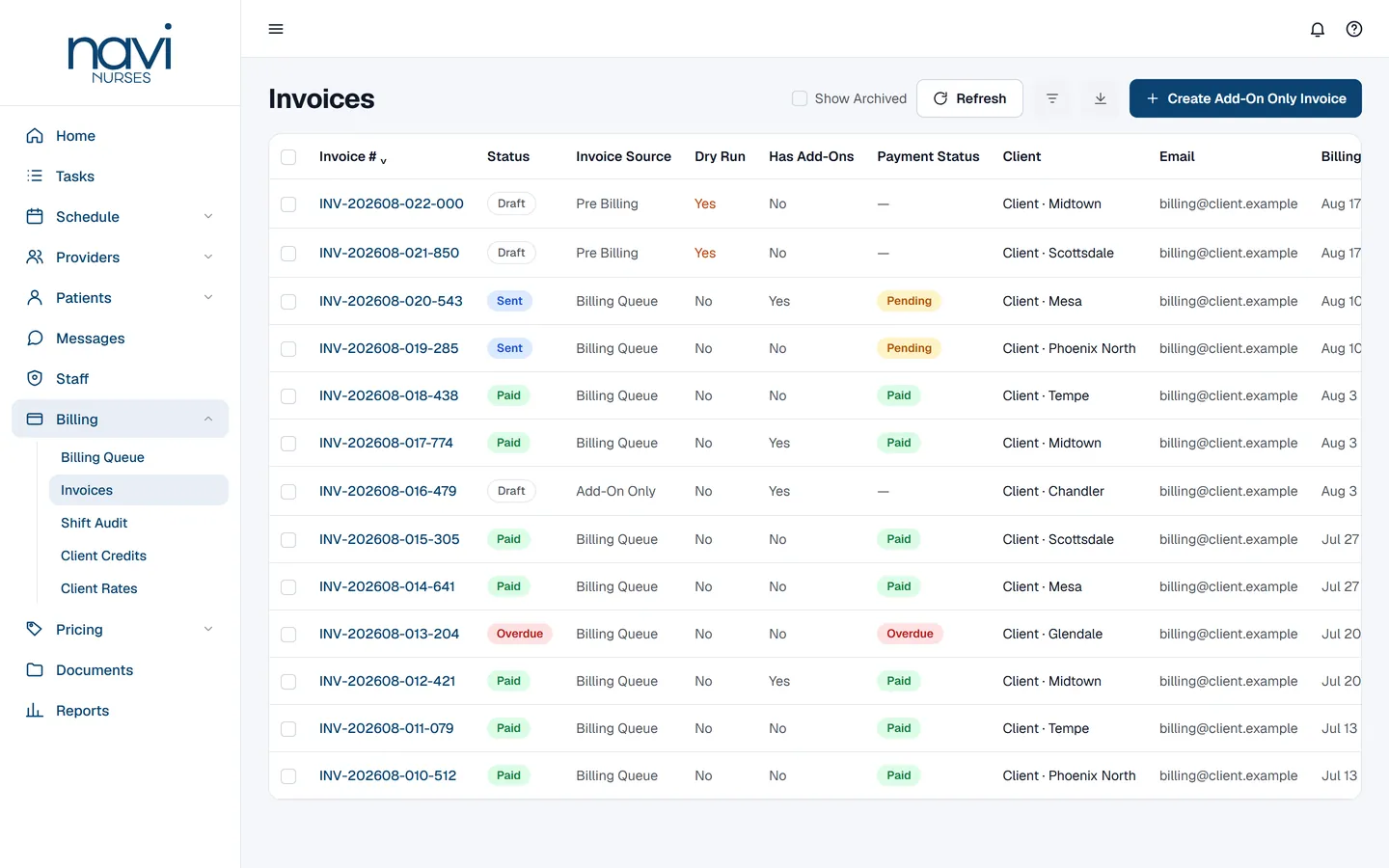 Navi Nurses web console — invoice list with status, billing source, client and recipients