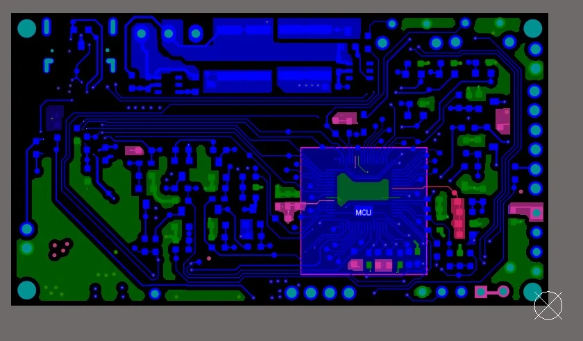Multi-layer PCB copper layout with routed traces around the MCU