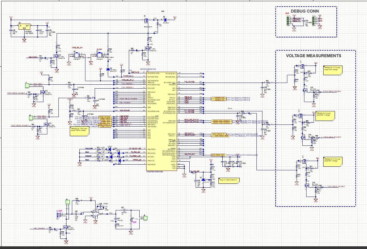 Schematic sheet showing power, measurement and MCU sections of a custom board