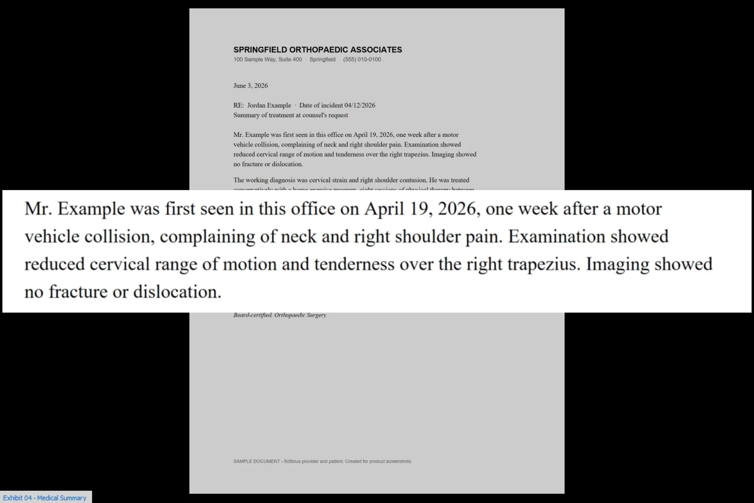 The same moment on the courtroom display — only the exhibit and its callout.