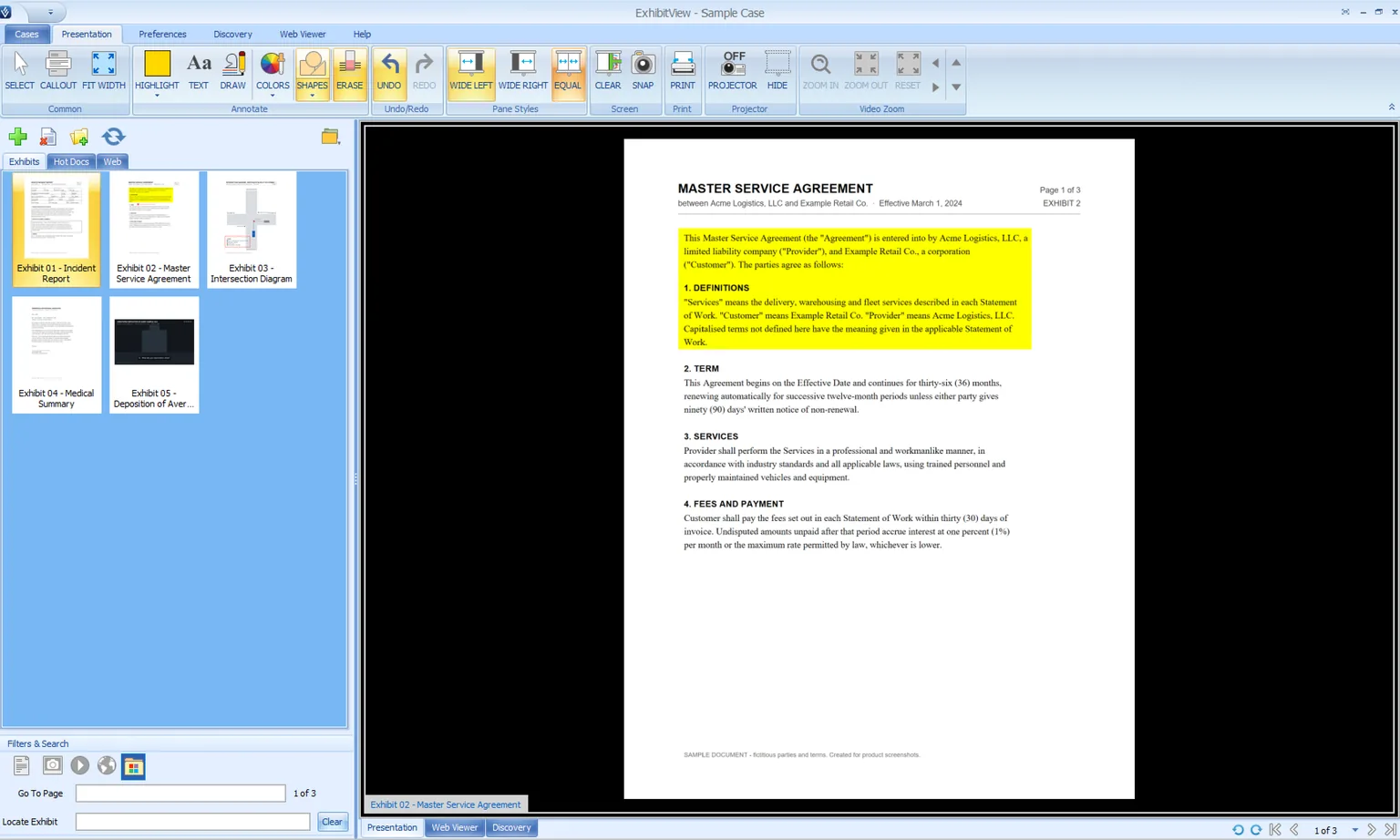 The ExhibitView main window — case exhibits on the left, a highlighted service agreement in the presentation pane.