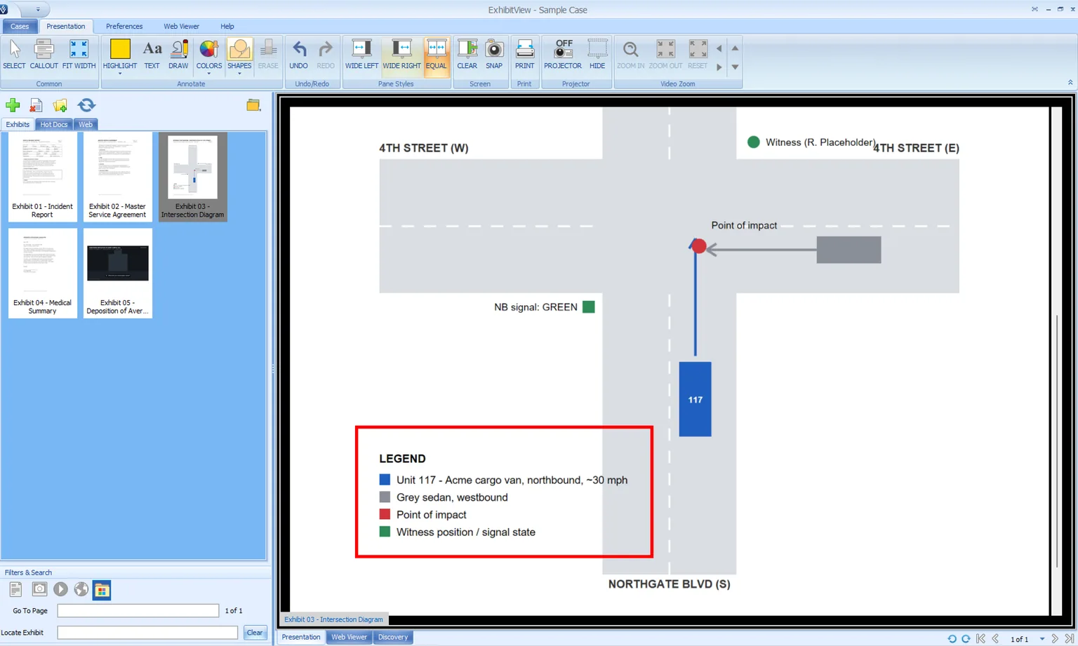 ExhibitView on the attorney's laptop — a shape annotation being drawn over an intersection diagram exhibit.