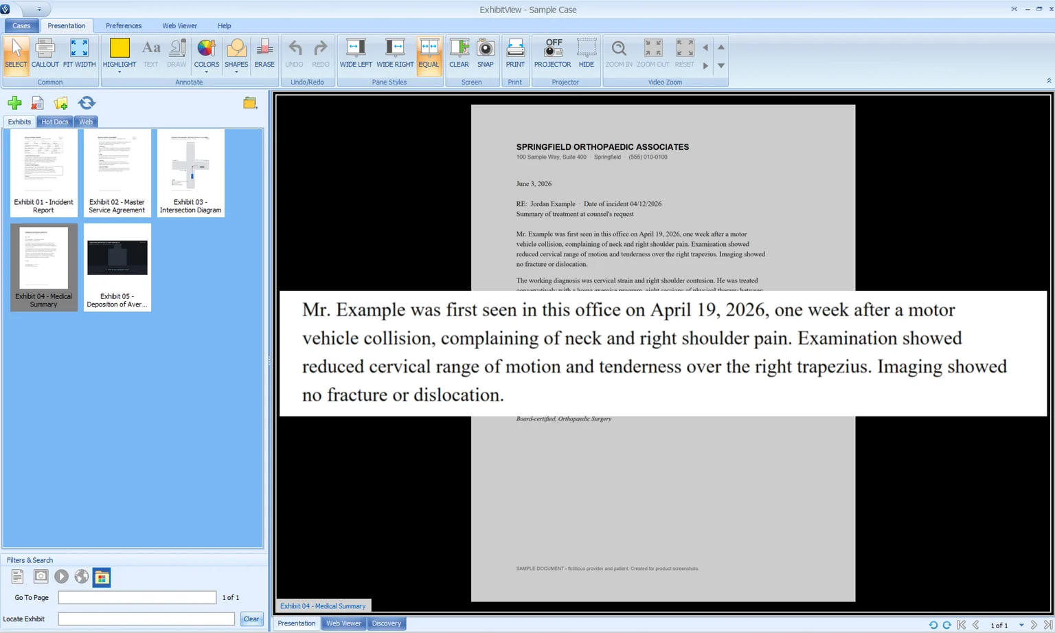 ExhibitView on the attorney's laptop — the full workspace with a live callout on a medical summary exhibit.