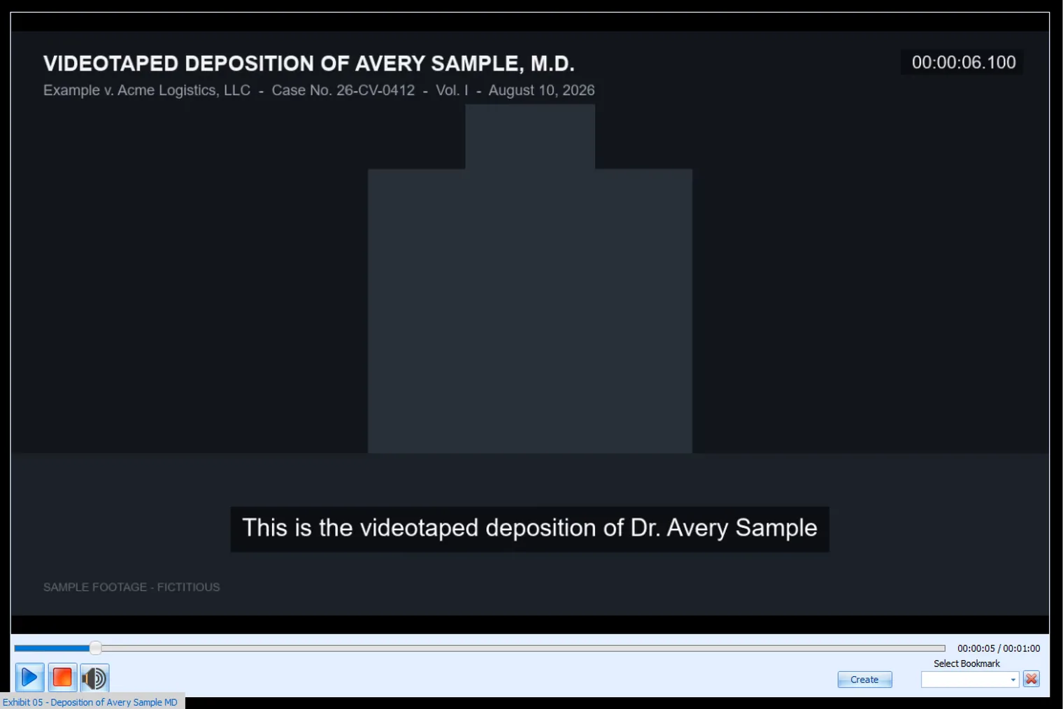 ExhibitView — a deposition video playing in the presentation pane with its caption and timecode.