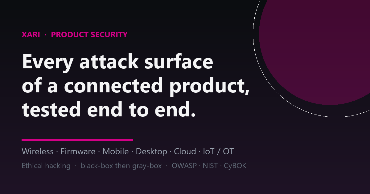 Product security and ethical hacking — every attack surface, tested end to end.
